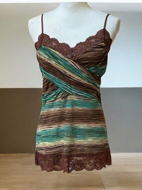 Vtg Sleeveless 90’s Y2K Brown Teal Striped Lace Coquette Baby Doll Camisole Top